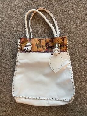 White Leather Tote with Printed Artistic Trim